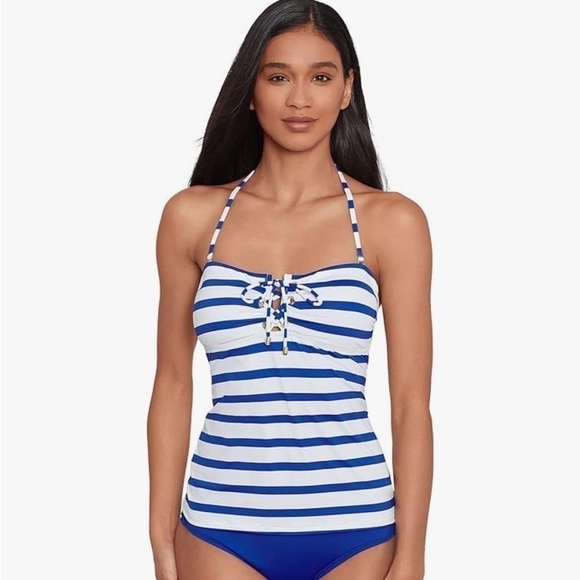 Lauren Ralph Lauren Port Stripe Lace Front Bandini Top swimsuit swimwear 16 - Picture 2 of 11